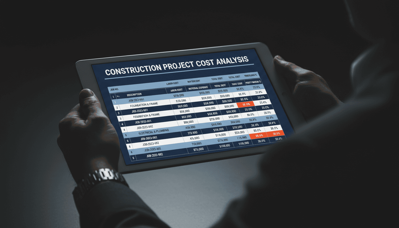 Job cost tracking spreadsheet showing project profitability breakdown