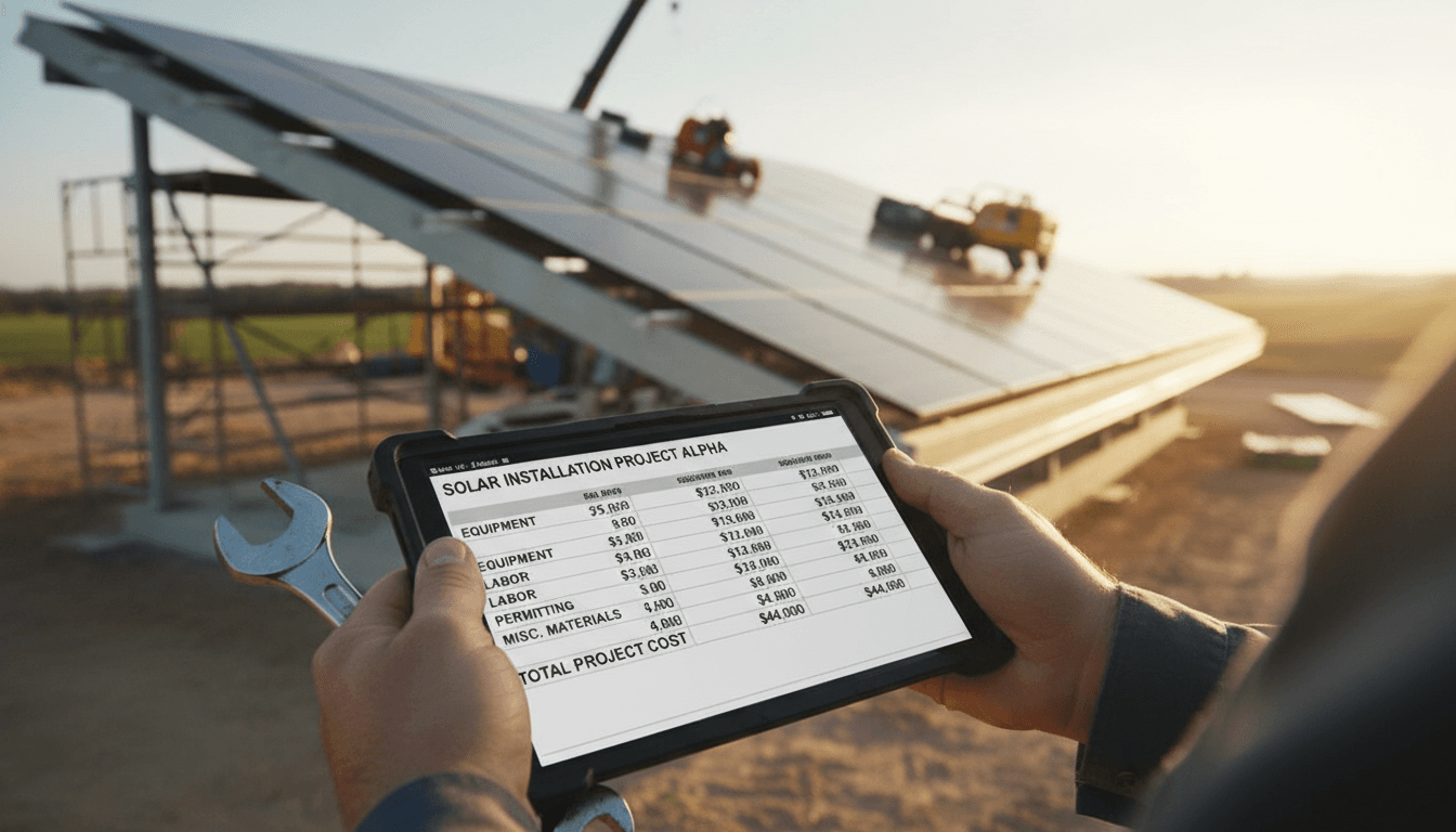 Solar installer reviewing job cost data on tablet