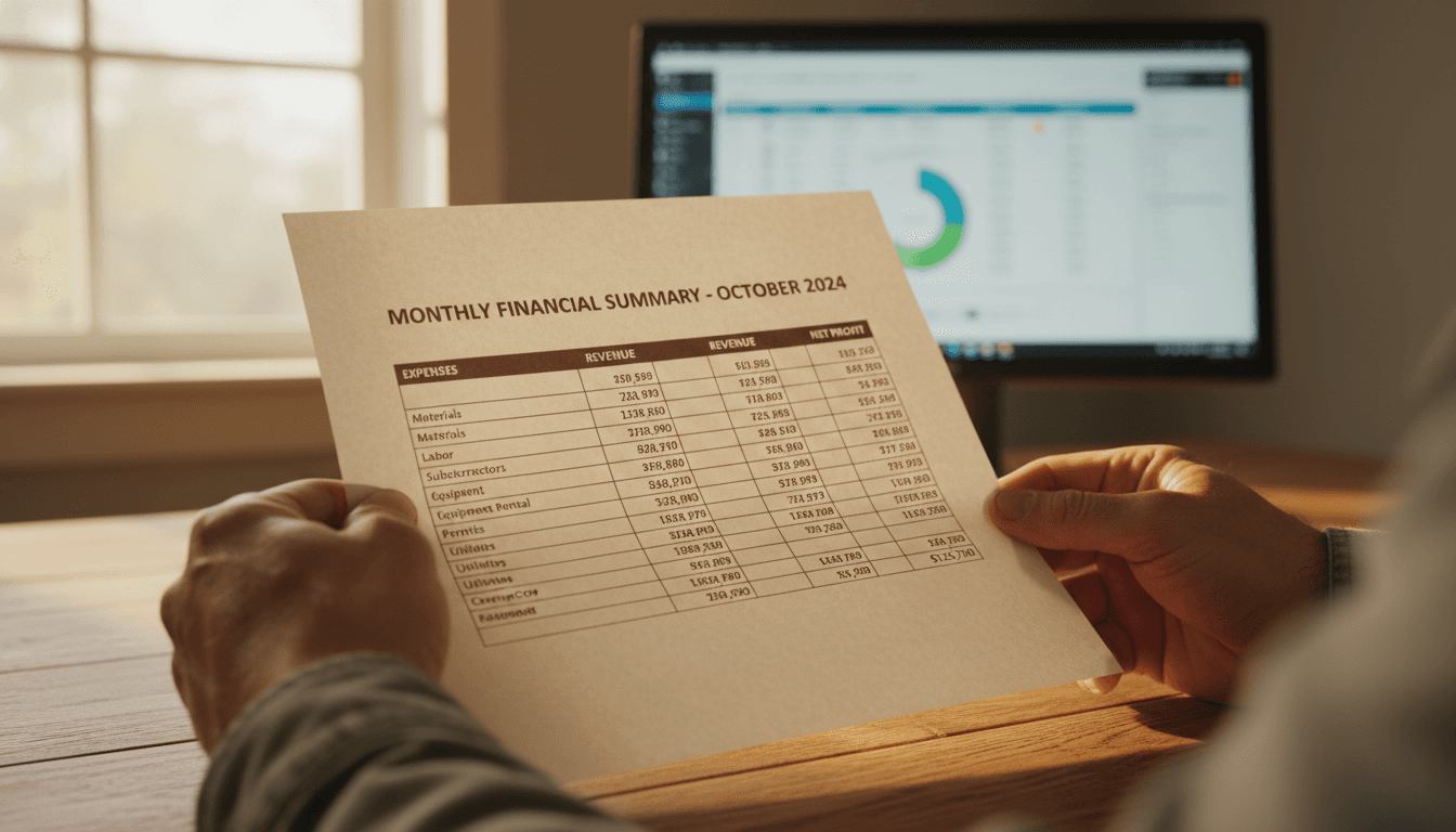 Contractor reviewing organized monthly financial report document