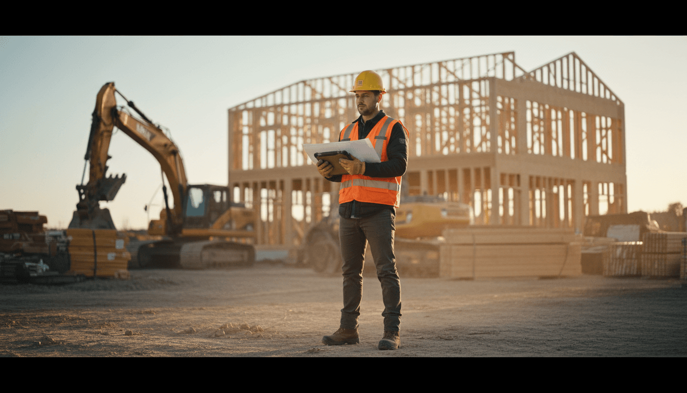 Construction contractor reviewing project details on tablet at job site