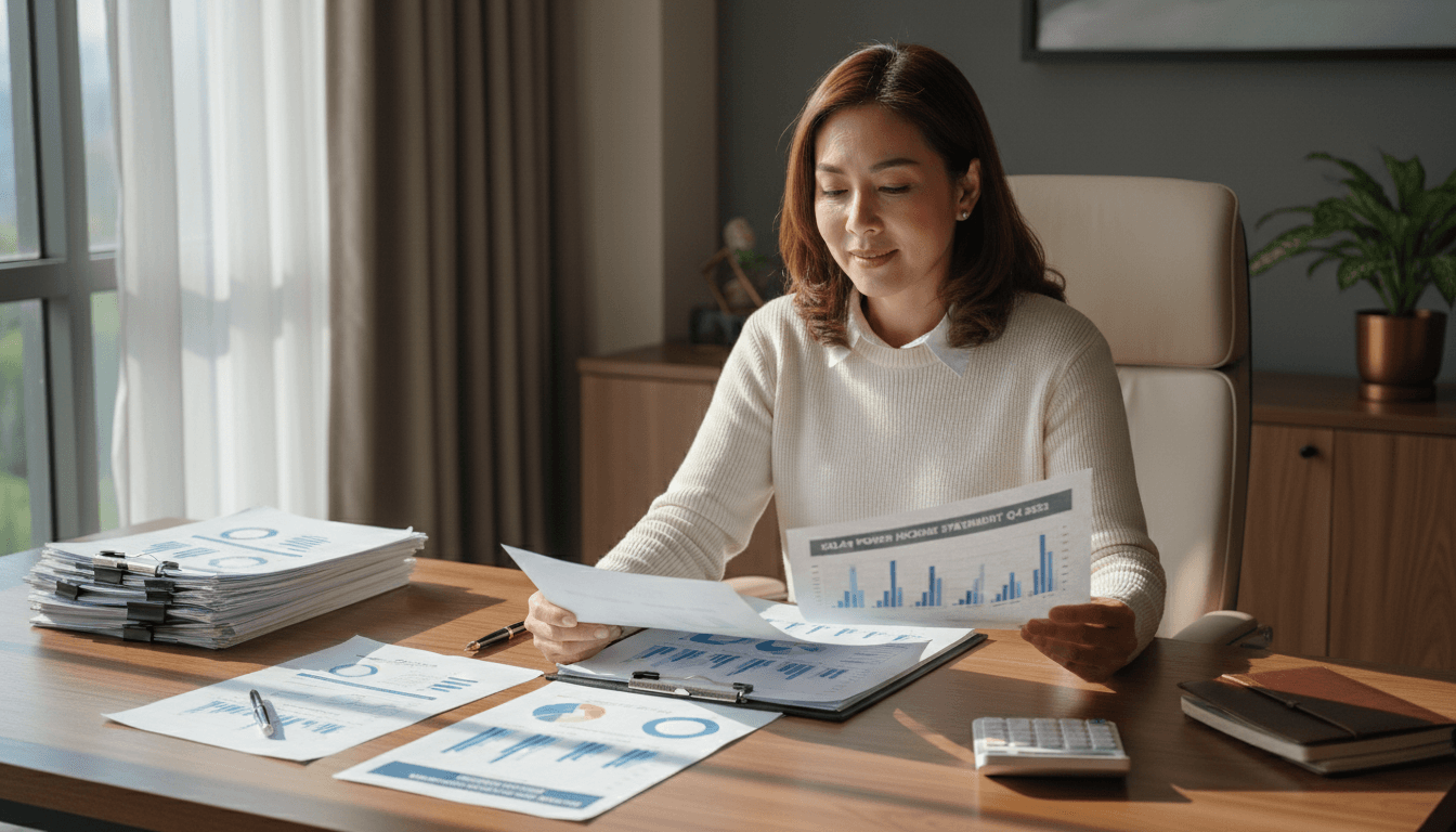 Business owner reviewing organized monthly financial reports