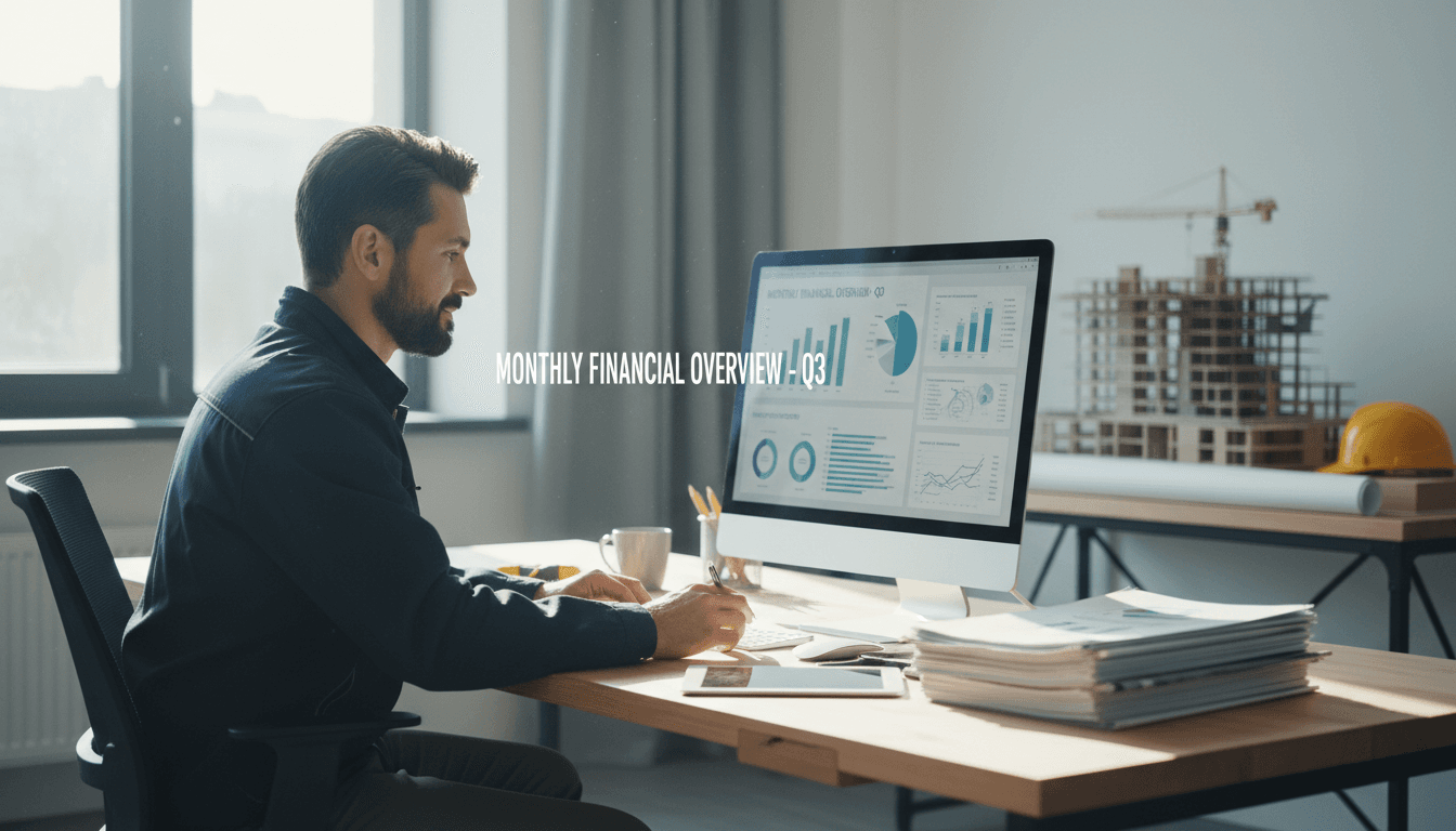 Construction contractor reviewing monthly financial reports
