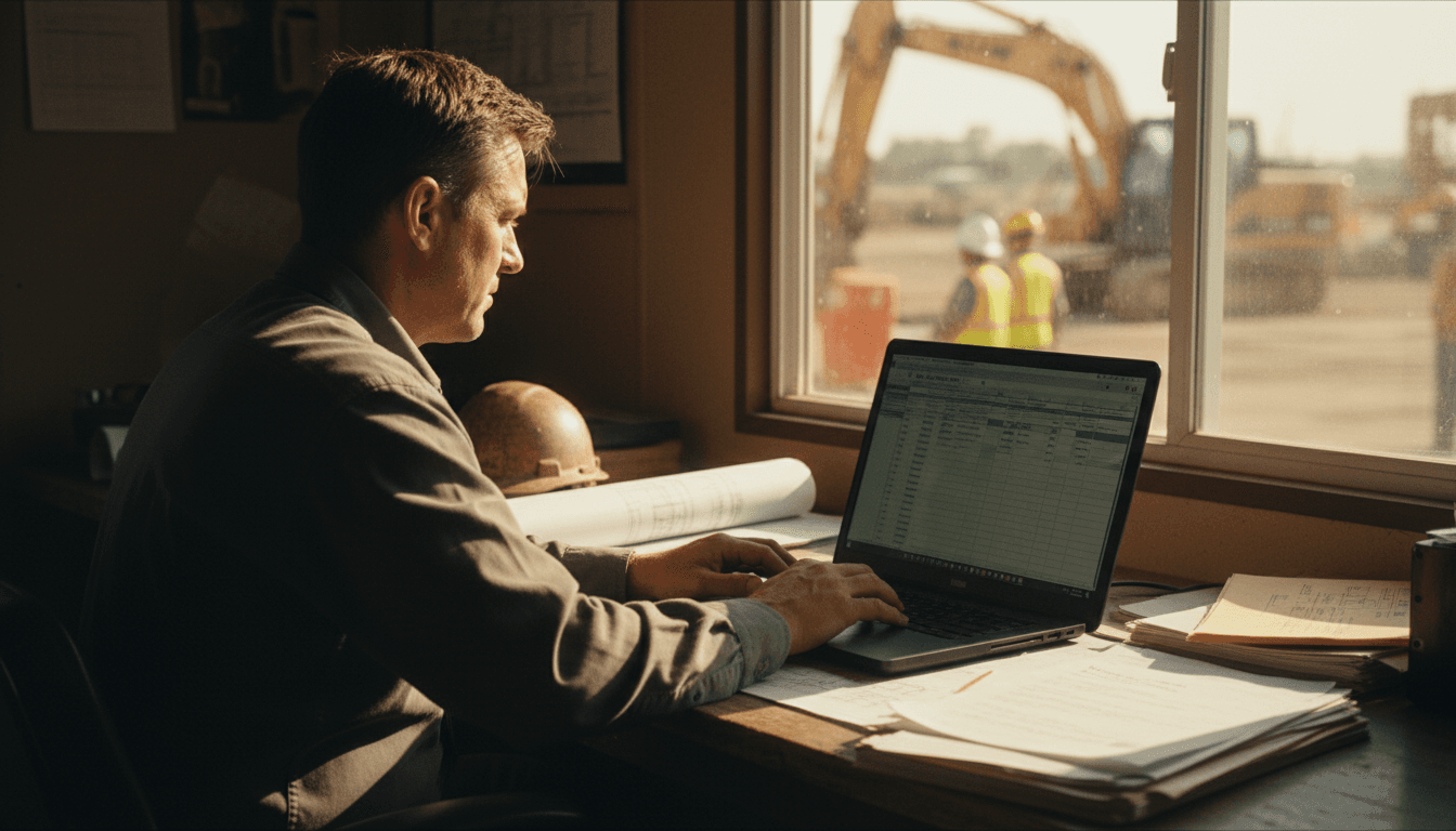 Construction manager reviewing job cost tracking on laptop at jobsite trailer