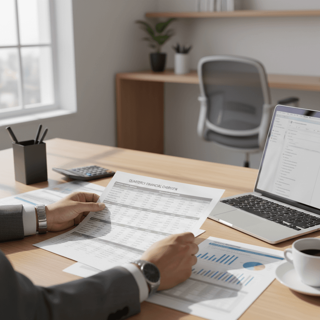 Construction contractor reviewing organized financial records at desk