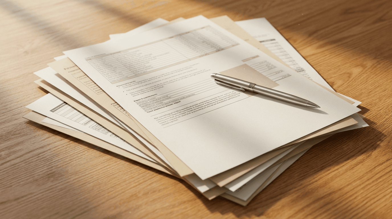 Hard hat on organized financial documents representing construction bookkeeping