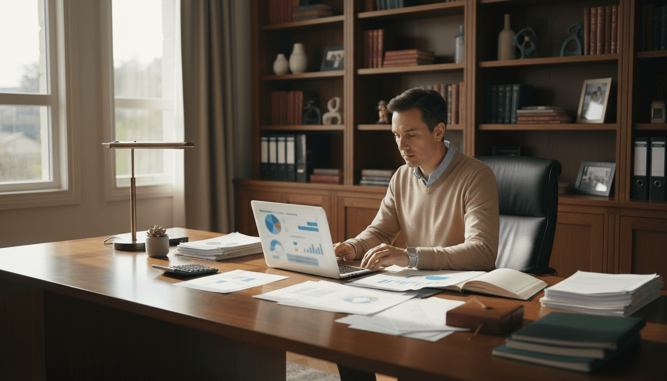 Construction contractor reviewing organized financial reports at desk